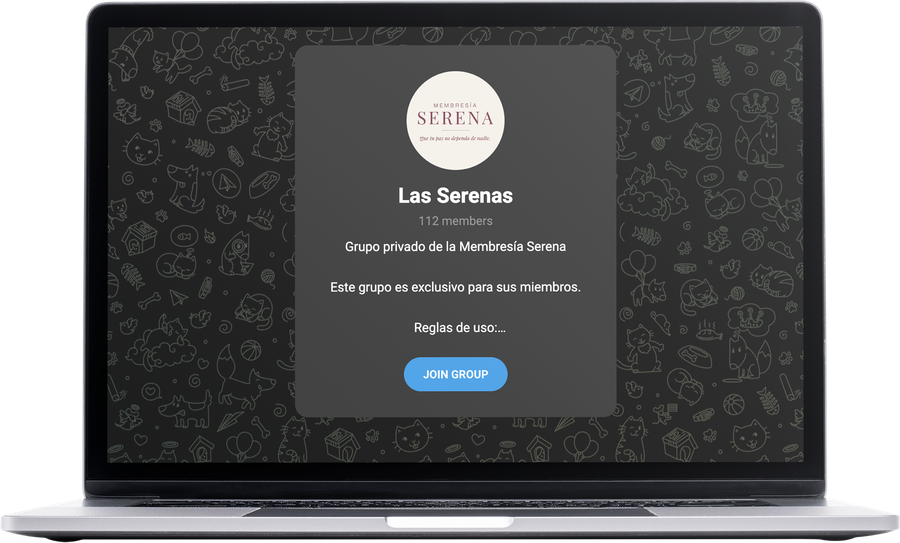 Pantalla en una laptop del grupo privado de Telegram Las Serenas, con el logo de Serena y el botón para unirse.