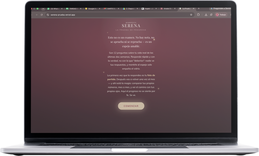 Pantalla de Serena en una laptop: la Prueba de progreso, con su introducción y el botón Comenzar.
